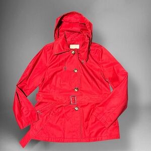 Michael Kors Vibrant Red Hooded Raincoat Belted L Buttons lightweight Pockets